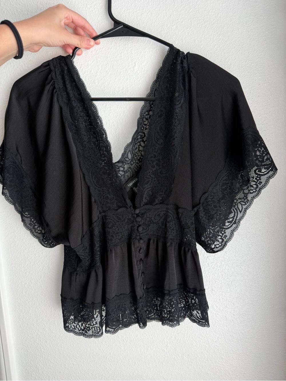 NWOT Forever 21 Black Lace-Trim V-Neck lace Blouse